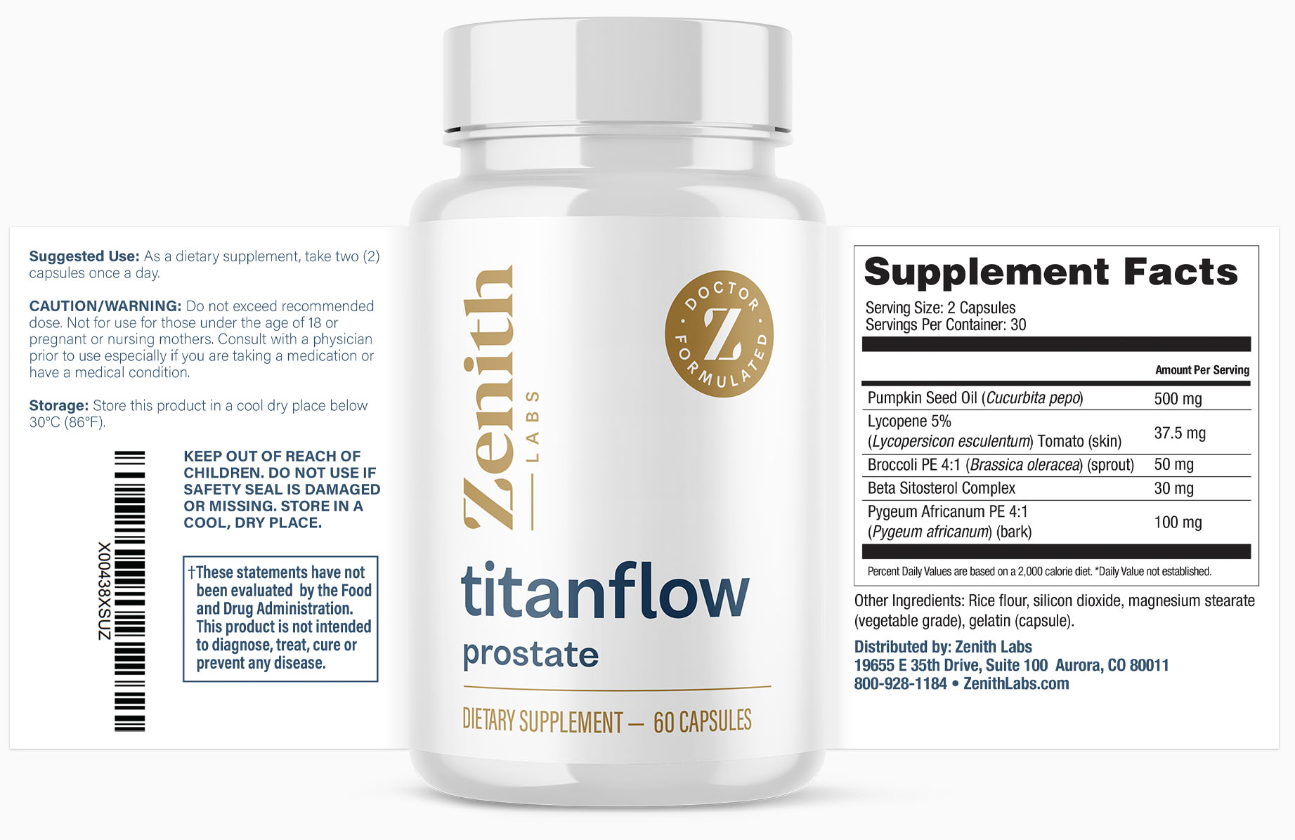 TitanFlow bottle label and Supplement Facts